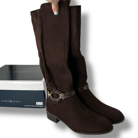 NEW Karen Scott Dark Brown Faux Suede Knee High Boot Size 12 Equestrian Riding - Picture 1 of 8